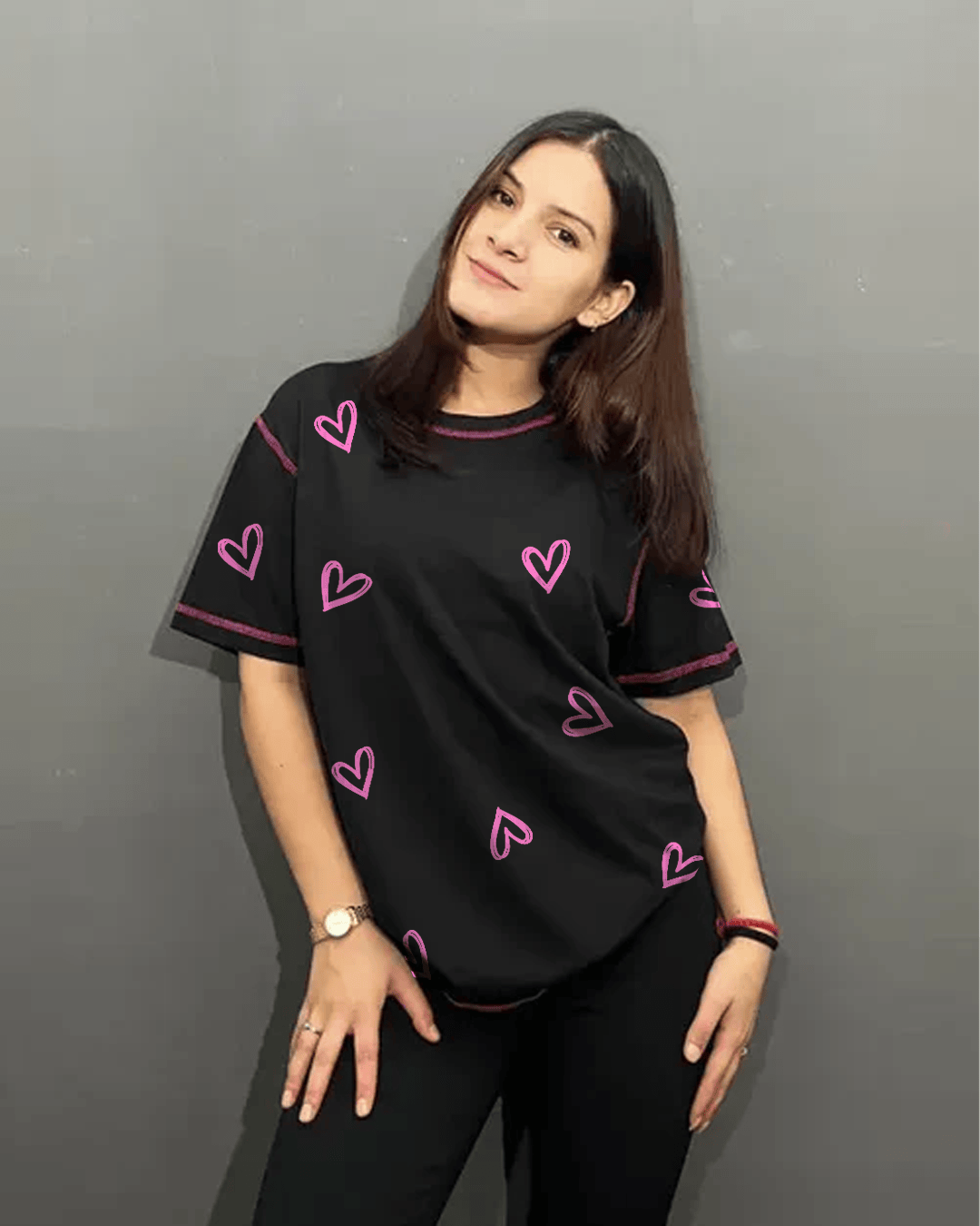 Reverse Weave Black Lover T-Shirt - black regular tee with pink heart prints and piping, worn by model in XS