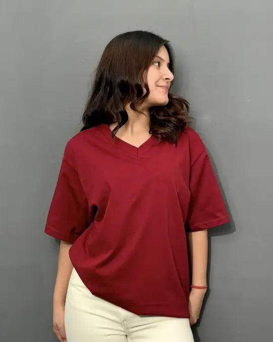 Ruby Plain V-Neck Oversize T-Shirt - Shop Printed T shirt for Women Online In India | LoveDky