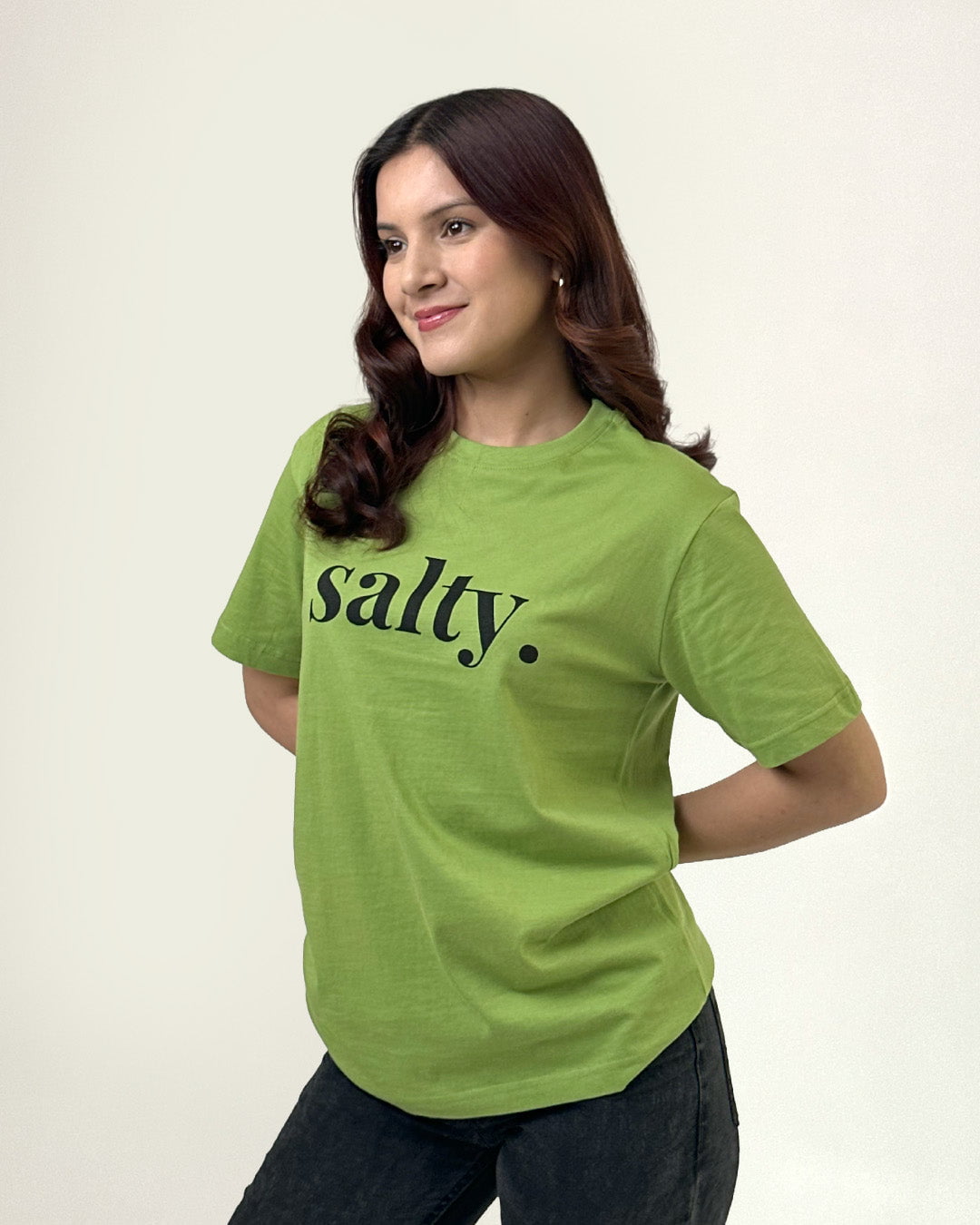 Salty T-Shirt – lime green regular tee with bold salty graphic, worn by model; DKY Shirts & Tops, 100% pure fabric