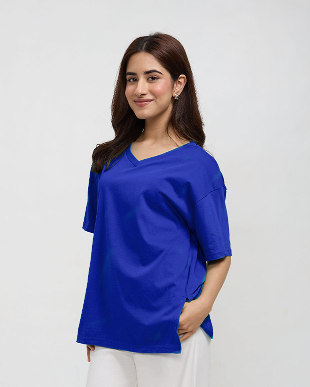 Royal Blue Plain V-Neck Oversize T-Shirt