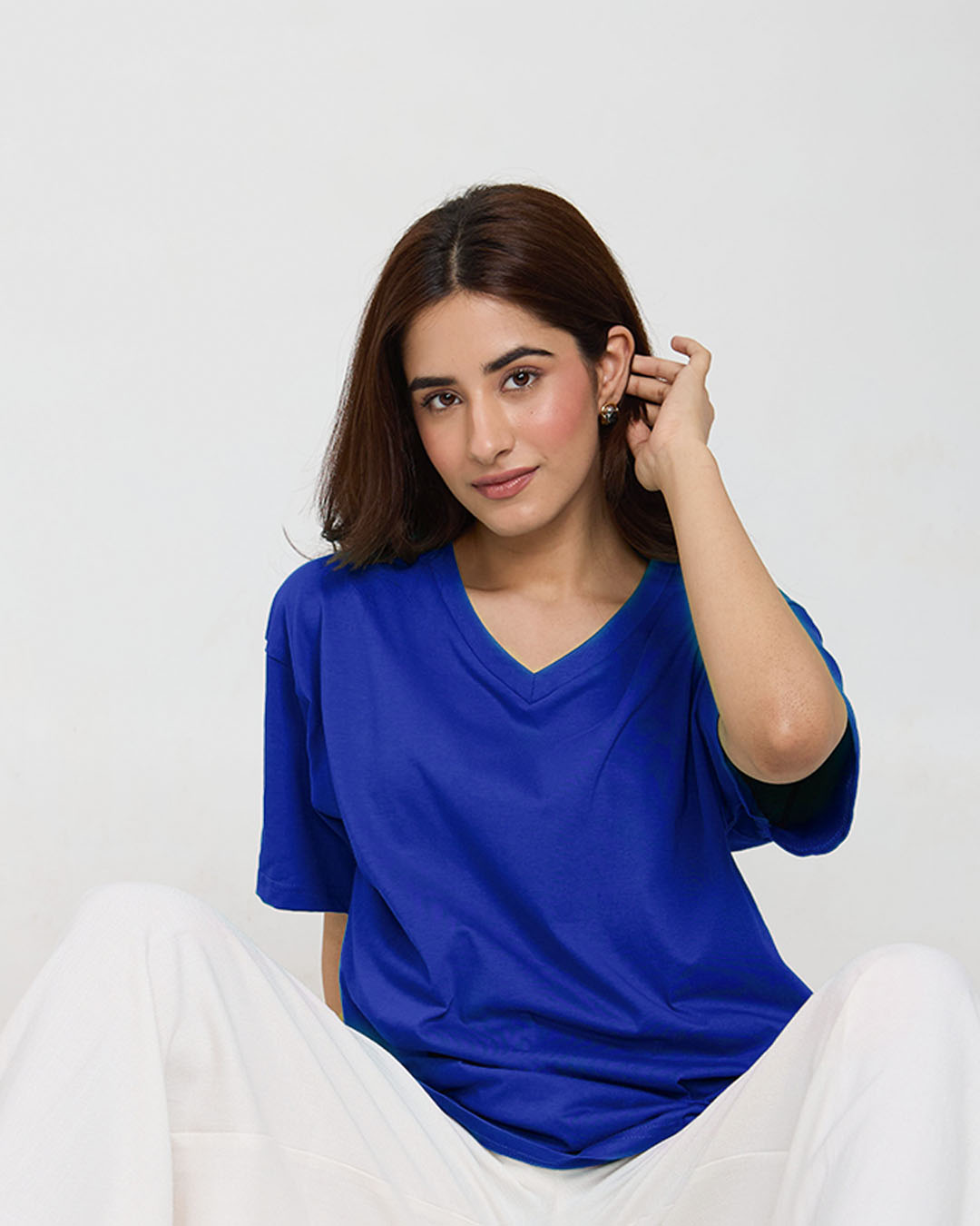 Sapphire Plain V-Neck Oversized T-Shirt – blue, oversized fit worn by model