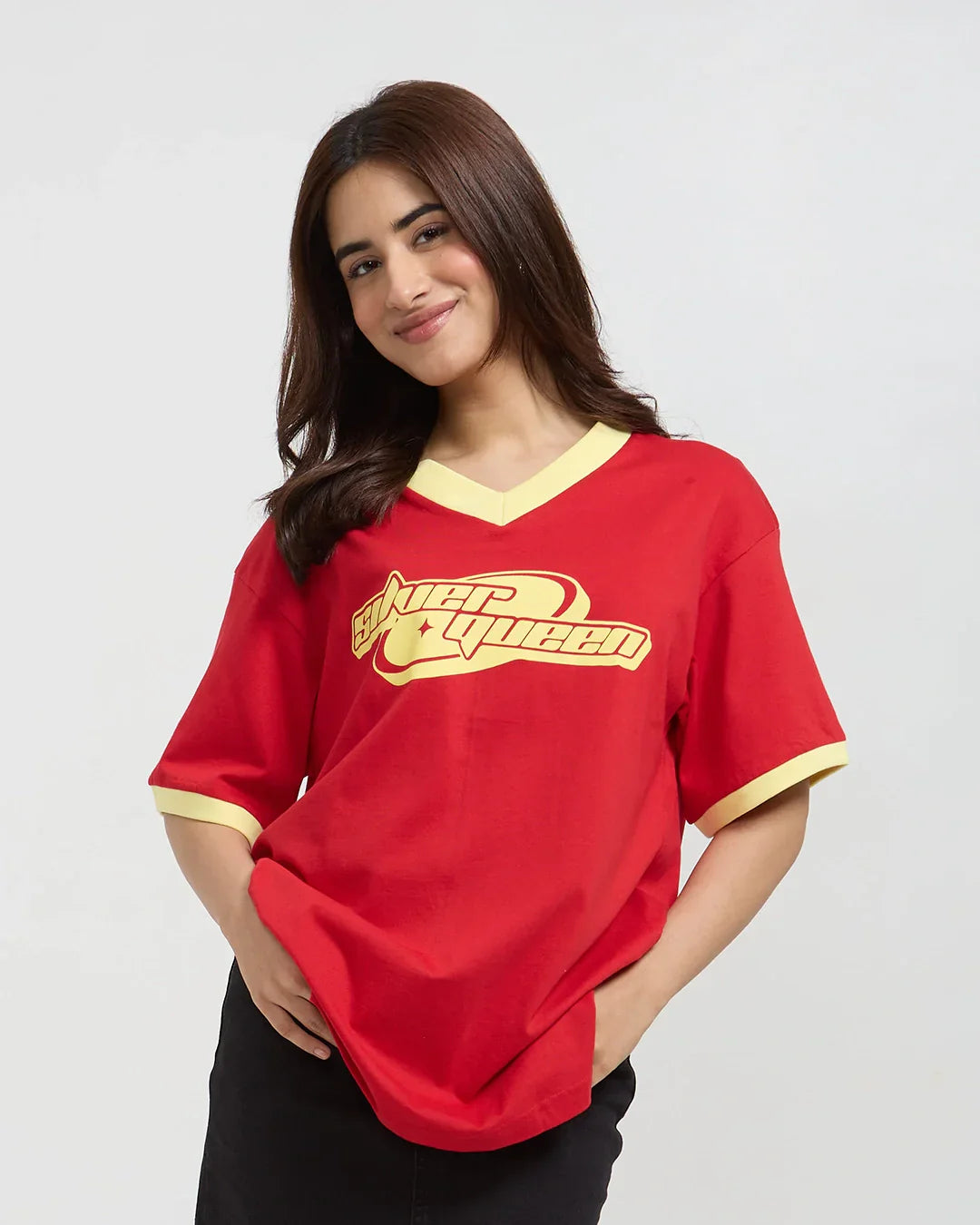 Silver Queen Tap-Out V-Neck Oversize T-Shirt for Women Online In India | DKY