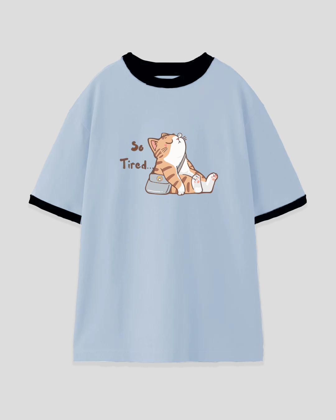 Tired Tap Out T-Shirt – light blue DKY regular tee with black collar and cuffs, featuring a cartoon cat resting beside a bag.
