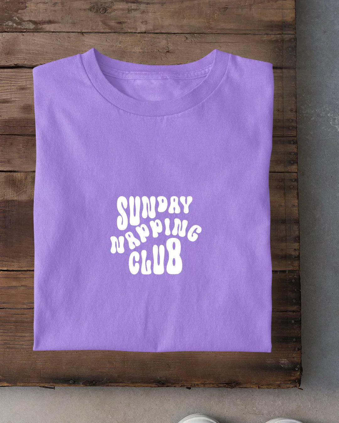 Sunday Napping Club T-Shirt โ lavender regular tee with white graphic text, 100% cotton