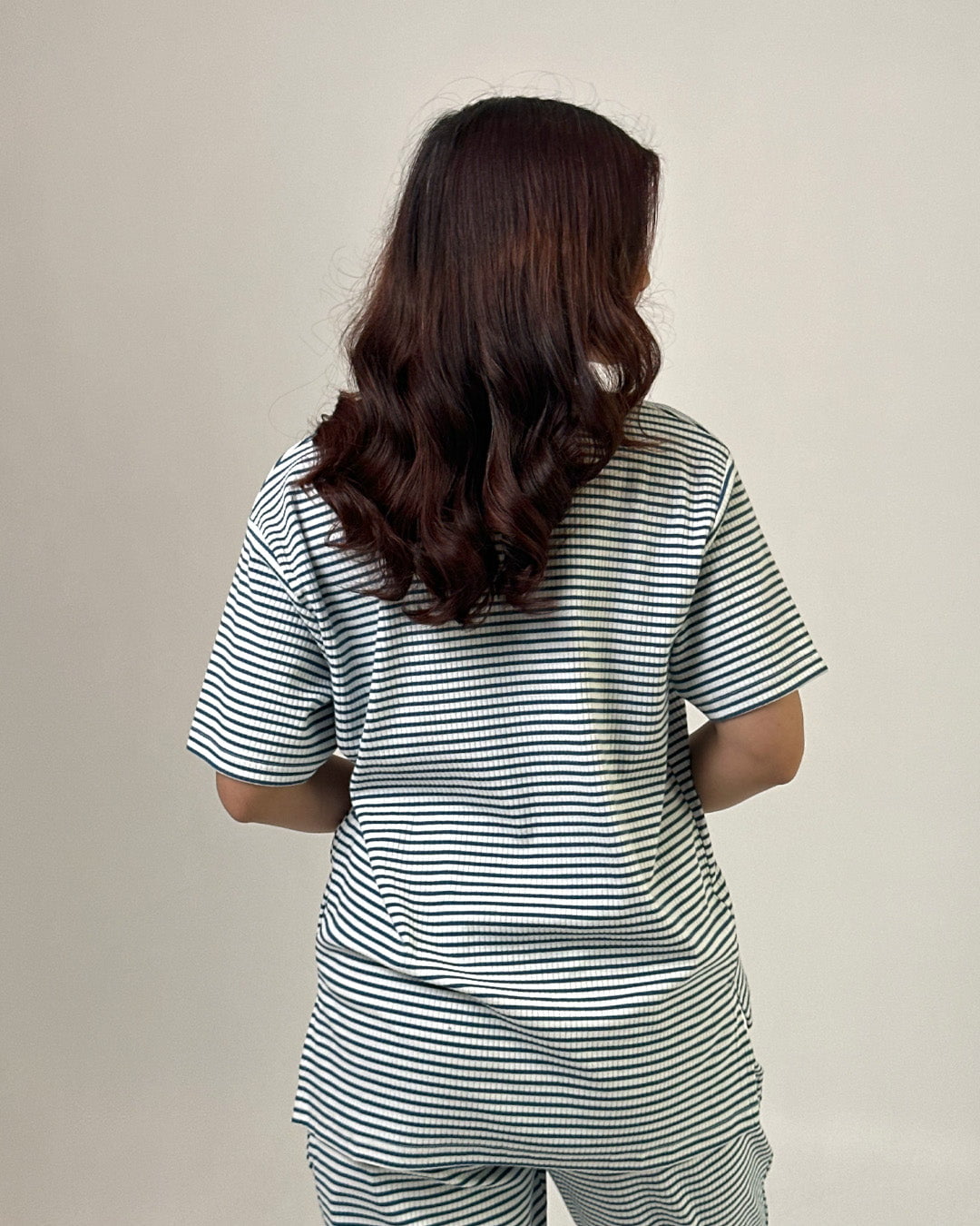 Teal Blue Ribbed Co-Ord Set ā back view of a model in a navy striped top with matching bottoms, Shirts & Tops by DKY