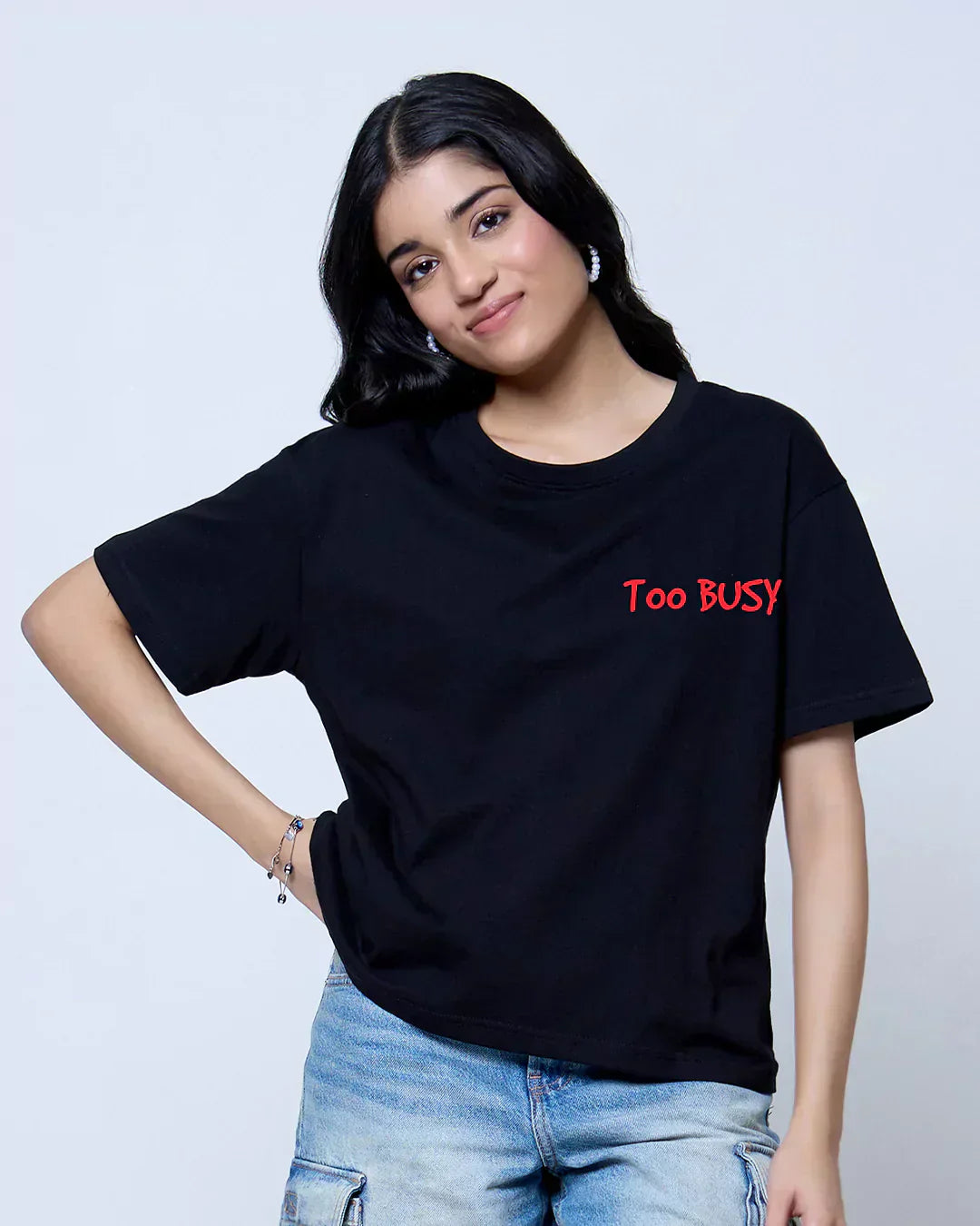 Too Busy Boxy Oversize T-Shirt - black boxy short-sleeve tee with red text Too Busy, worn by model, DKY