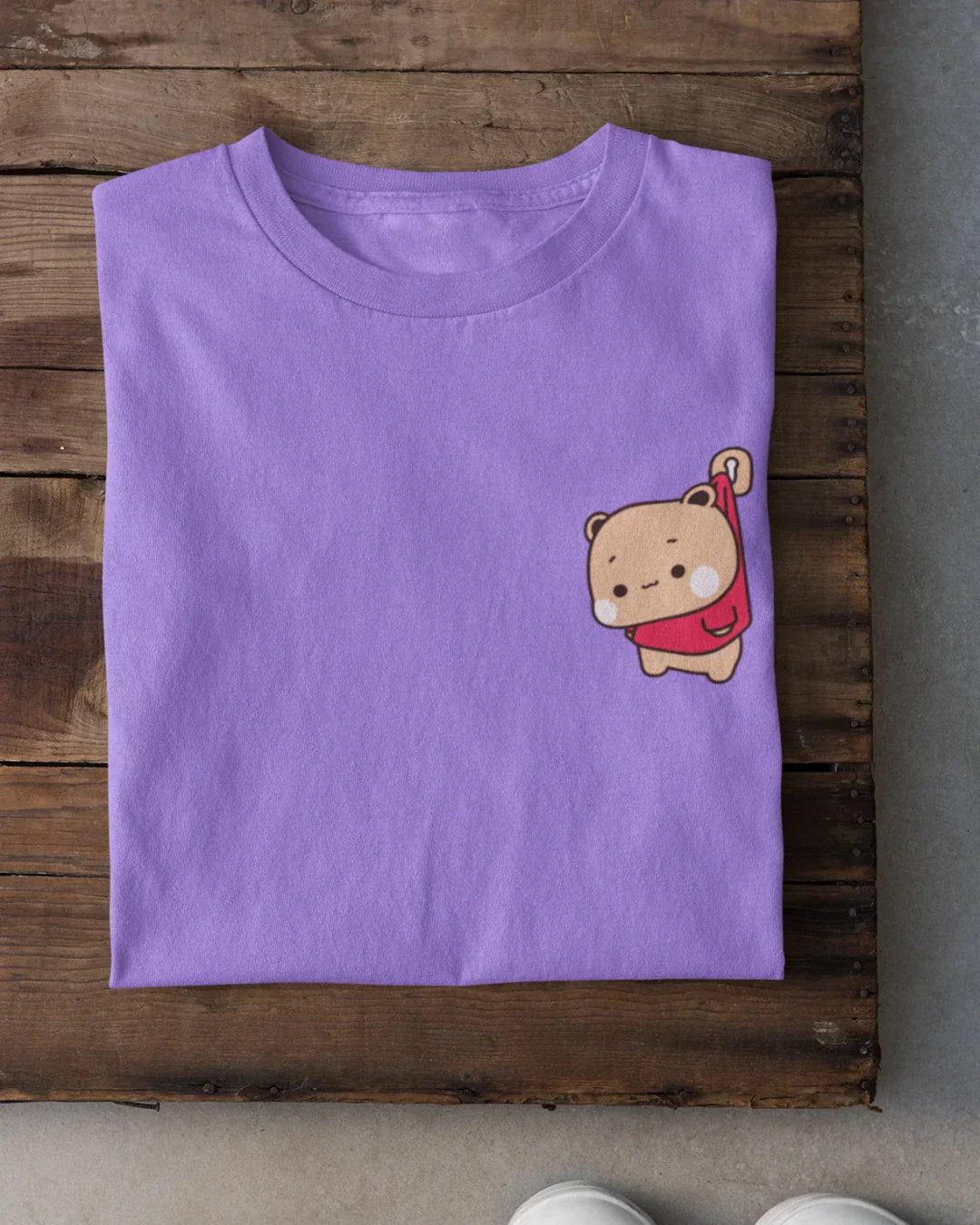 Uh-Oh! T-Shirt โ purple regular tee with a small bear in a red shirt, shown in flat lay.
