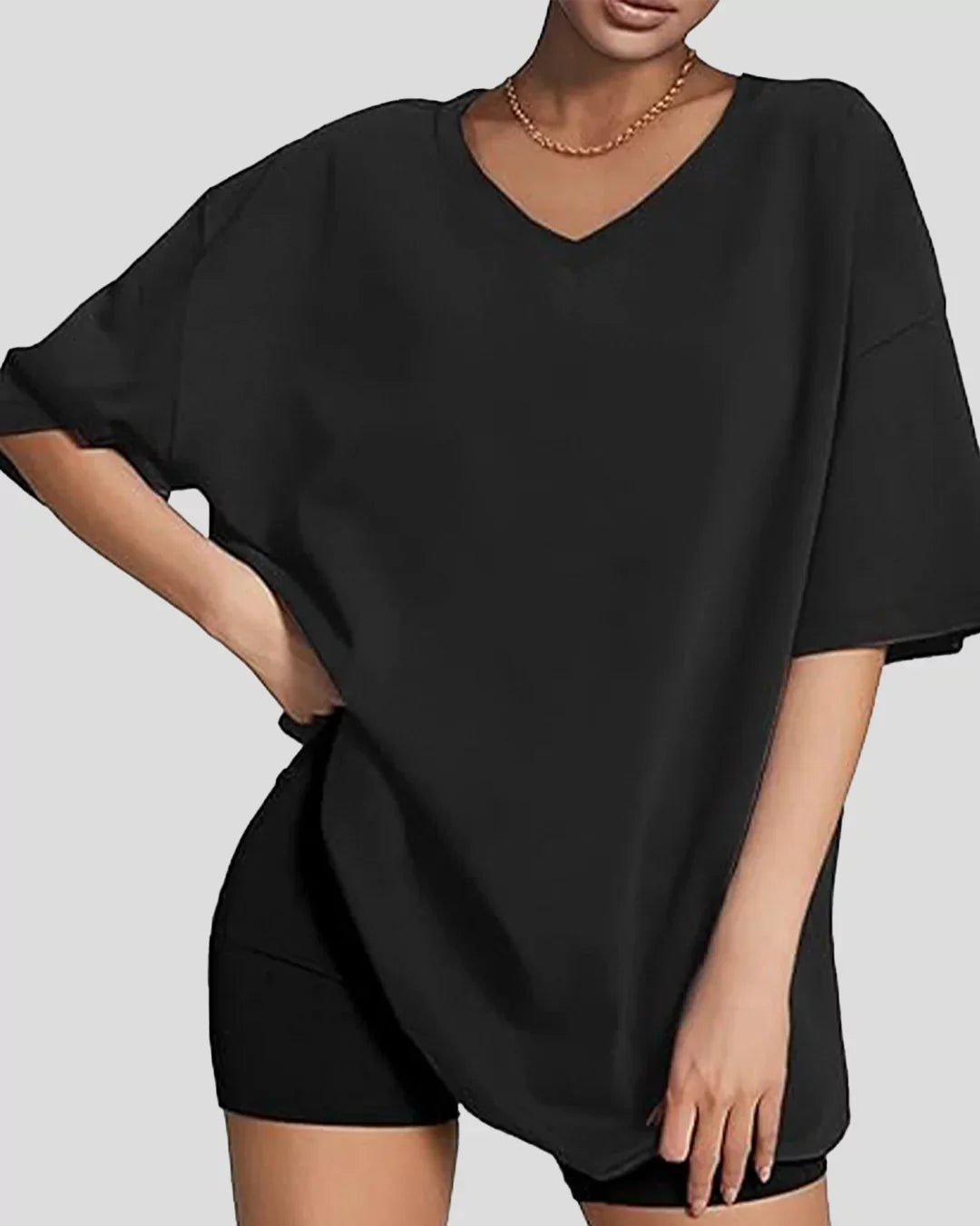 Black Plain V-Neck Oversize T-Shirt