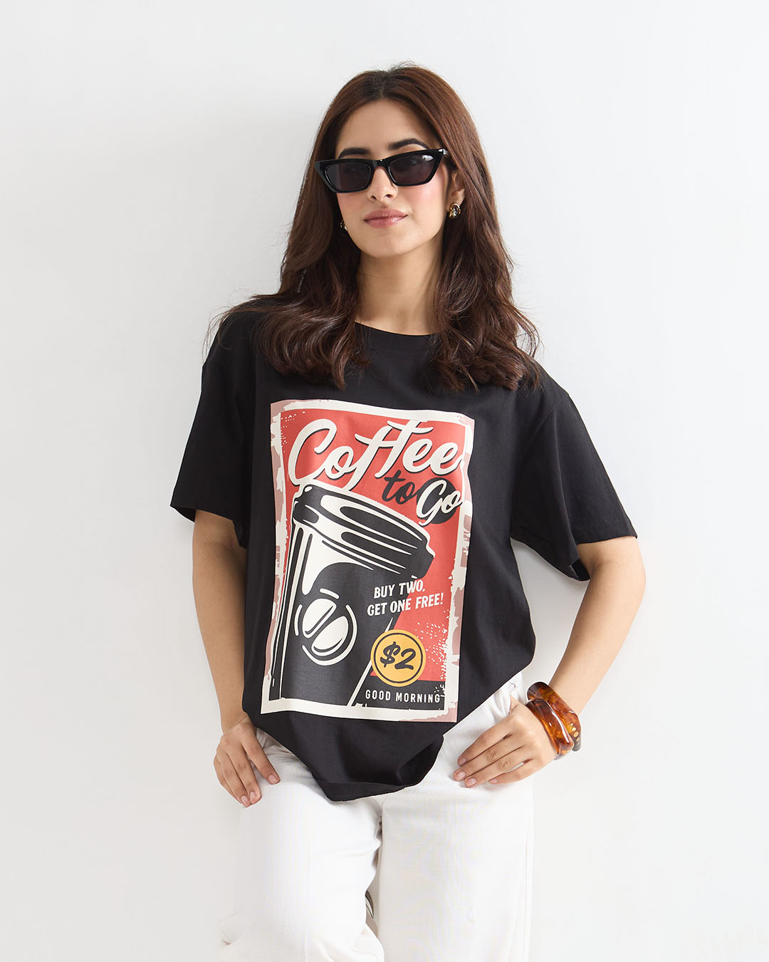 Vintage Coffee Oversized T-Shirt - black DKY graphic tee with retro coffee print, worn by model