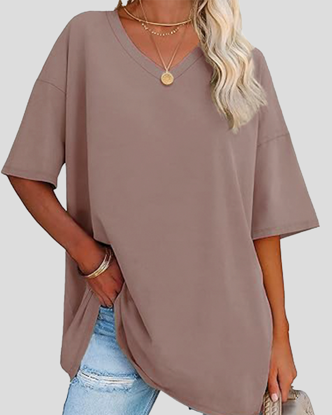 Camel Plain V-Neck Oversize T-Shirt