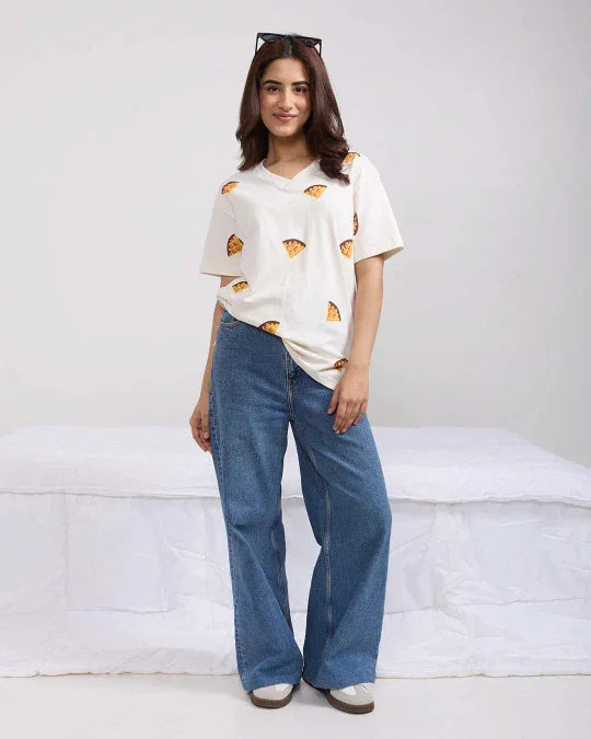 Waffle V-Neck Oversized T-Shirt - white with waffle print, worn by model