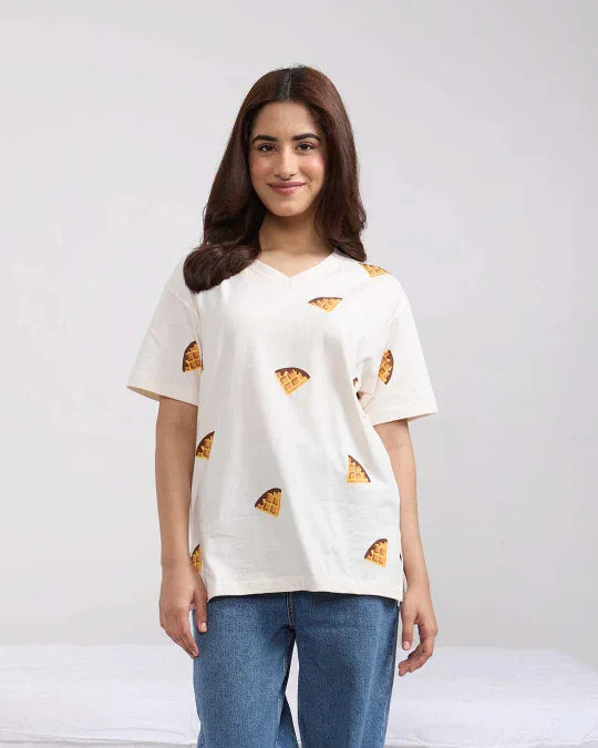 Waffle V-Neck Oversized T-Shirt for Women Online In India | DKY