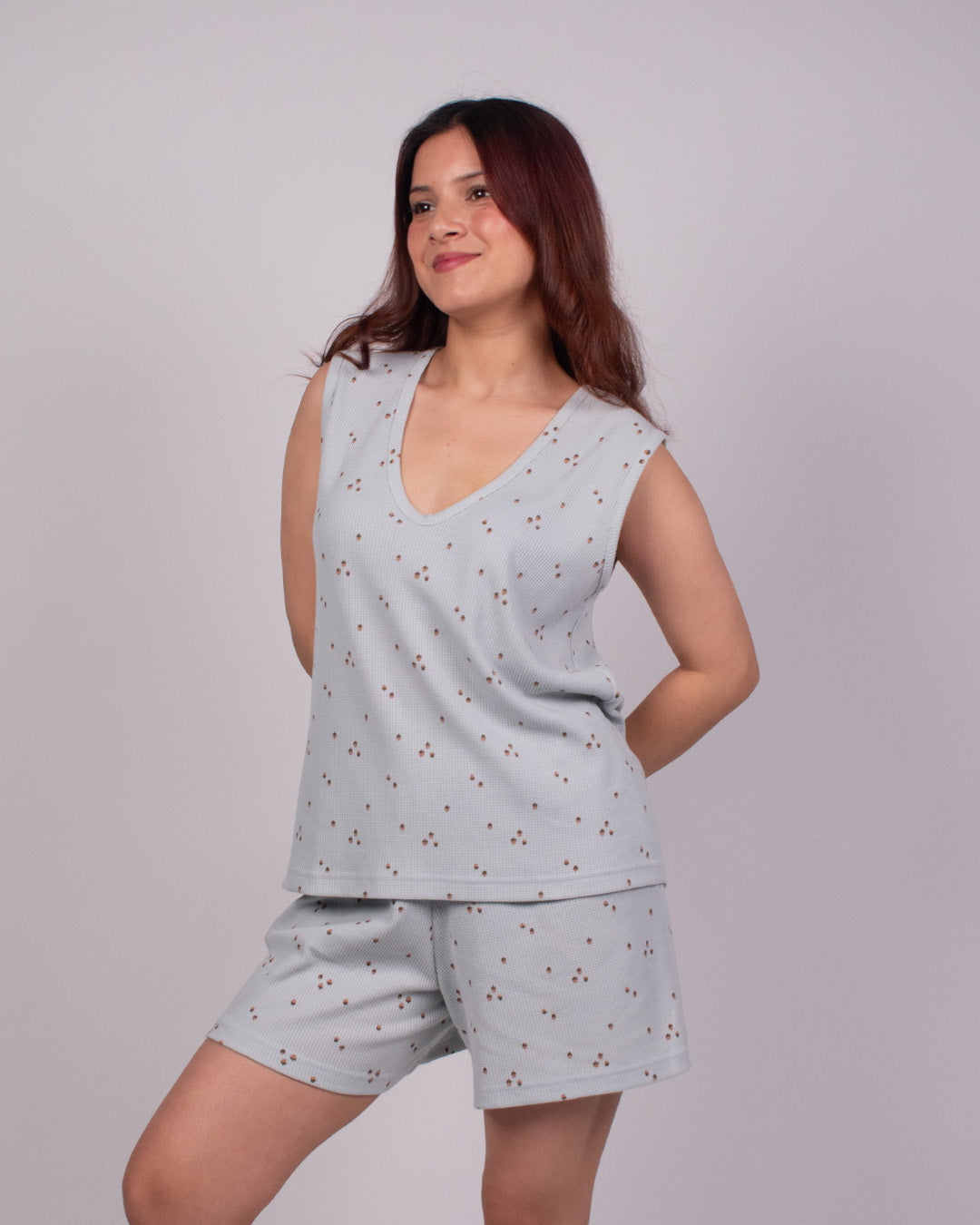 Walnut Luna Co-Ord Set - light blue sleeveless top and shorts with small brown dot print, worn by model