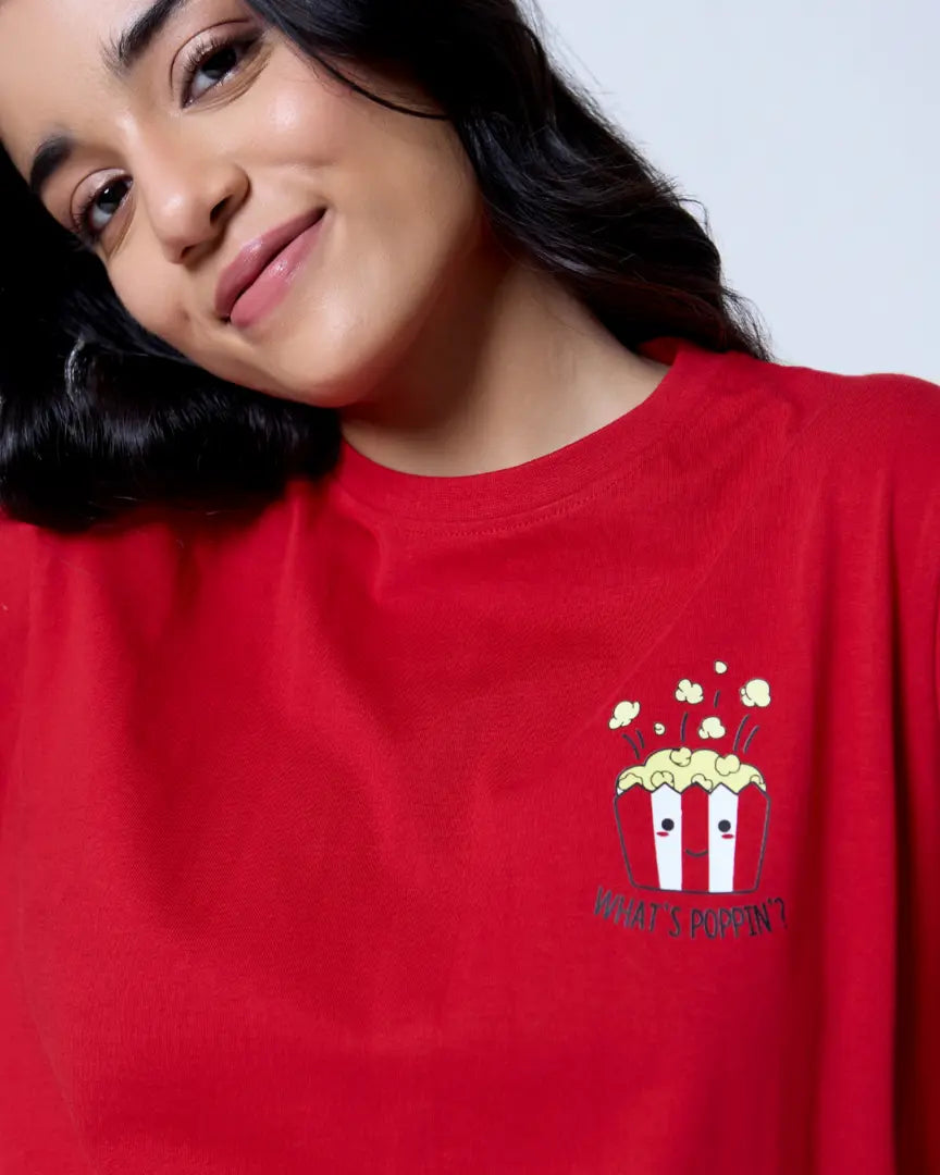 Whats Poppin T-Shirt - red regular tee with a popcorn graphic, worn by model