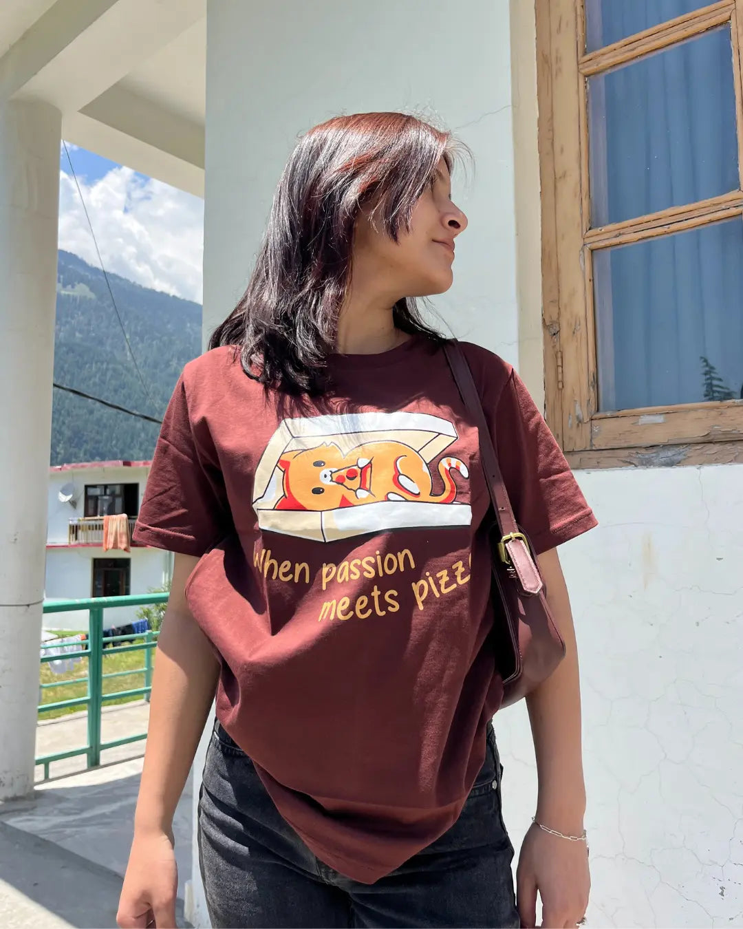 When Passion Meets Pizza T-Shirt - brown regular tee with a cat in a pizza box graphic, worn by model