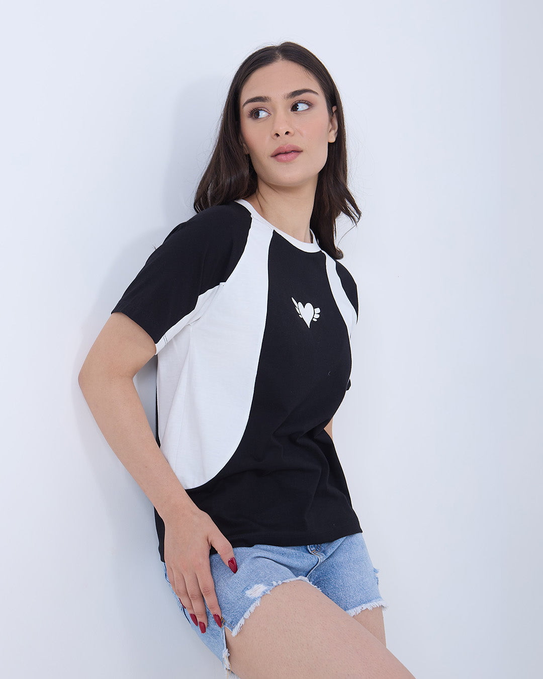 Wings All-Star Oversize T-Shirt - black and white color-block regular tee with a winged-heart graphic, worn by model