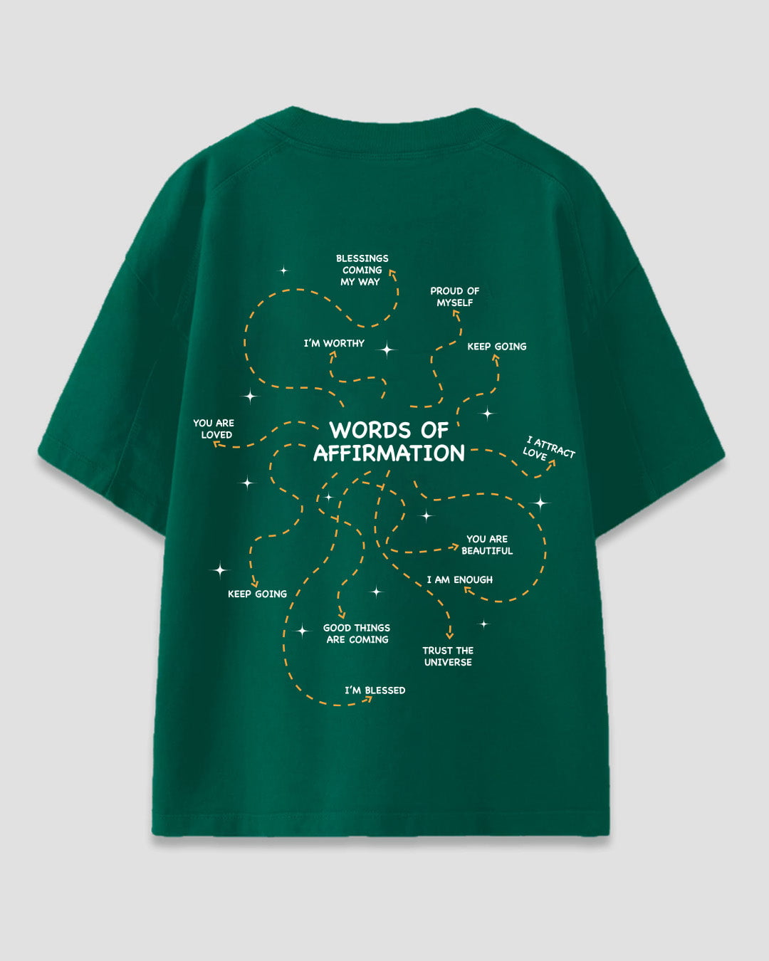 Words of Affirmation Oversized T-Shirt โ green graphic tee with orange dashed lines and uplifting quotes on the back
