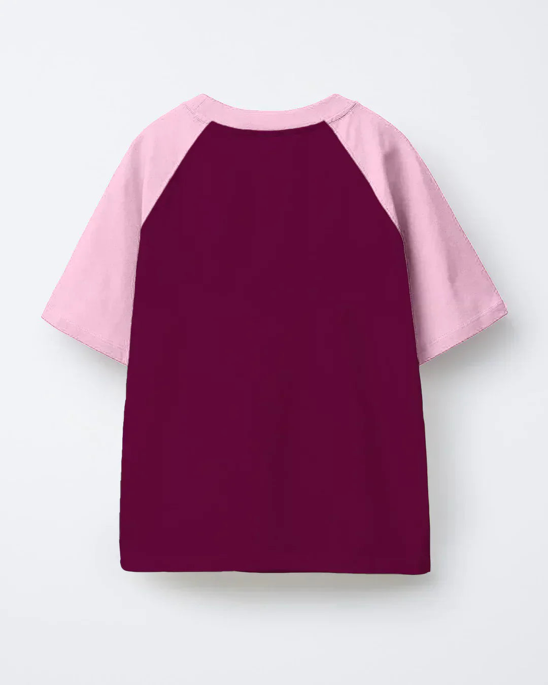 09 Raglan Oversized T-Shirt – burgundy body with pink raglan sleeves, colorblocked DKY shirt shown in flat lay.