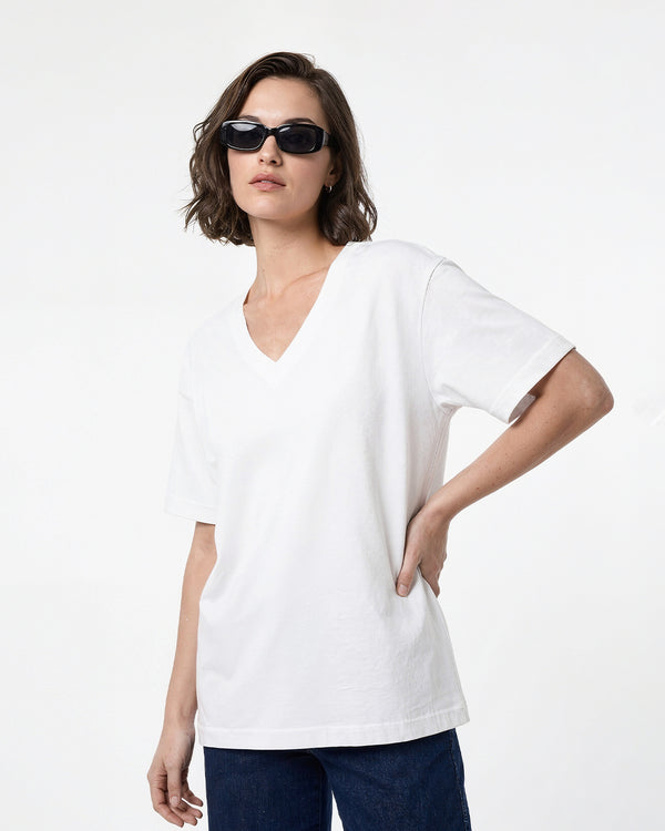 White Plain V-Neck Oversize T-Shirt