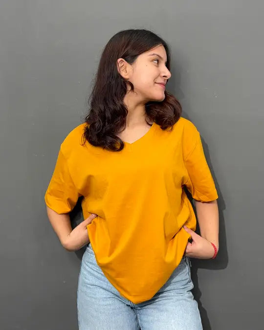 RB Mustard Plain V-Neck Oversize T-Shirt