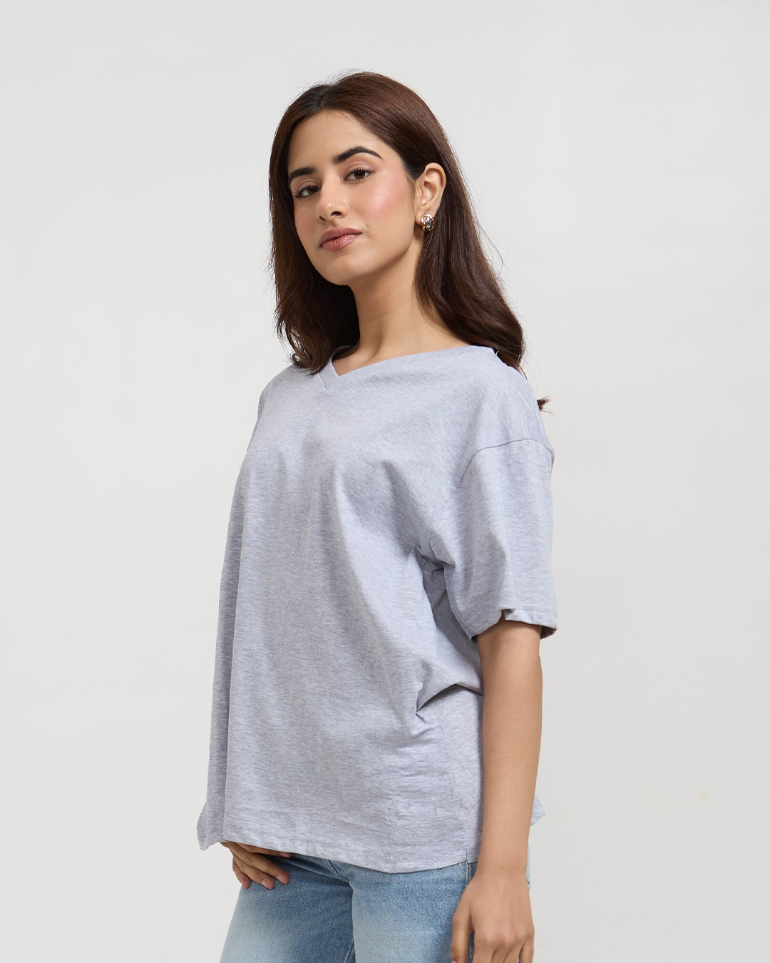 Grey Melange Plain V-Neck Oversized T-Shirt