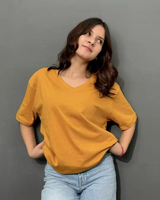 RB Mustard Plain V-Neck Oversize T-Shirt