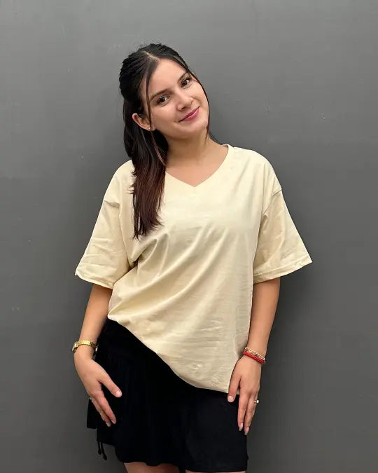 RB Off White Plain V-Neck Oversize T-Shirt