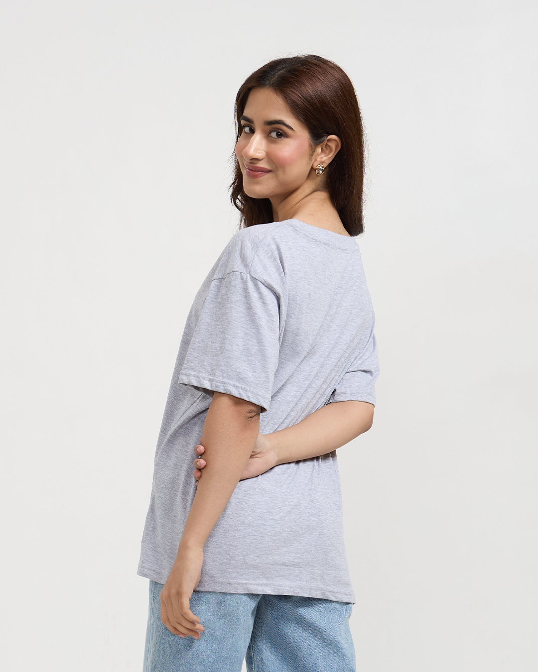 Grey Melange Plain V-Neck Oversized T-Shirt