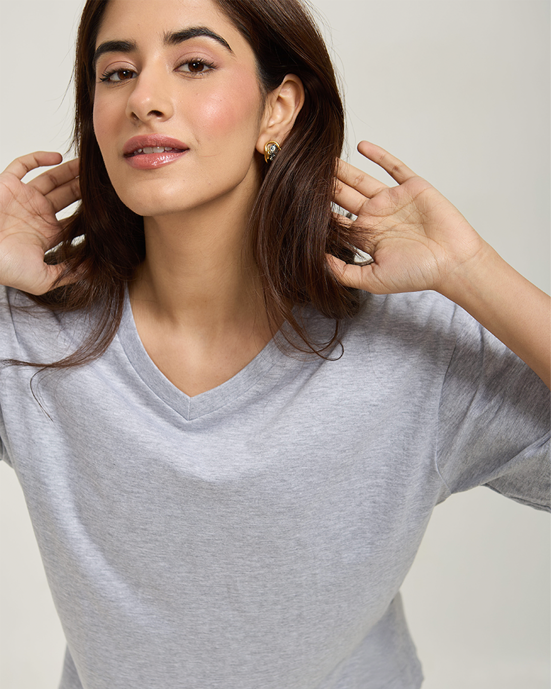 Grey Melange Plain V-Neck Oversized T-Shirt