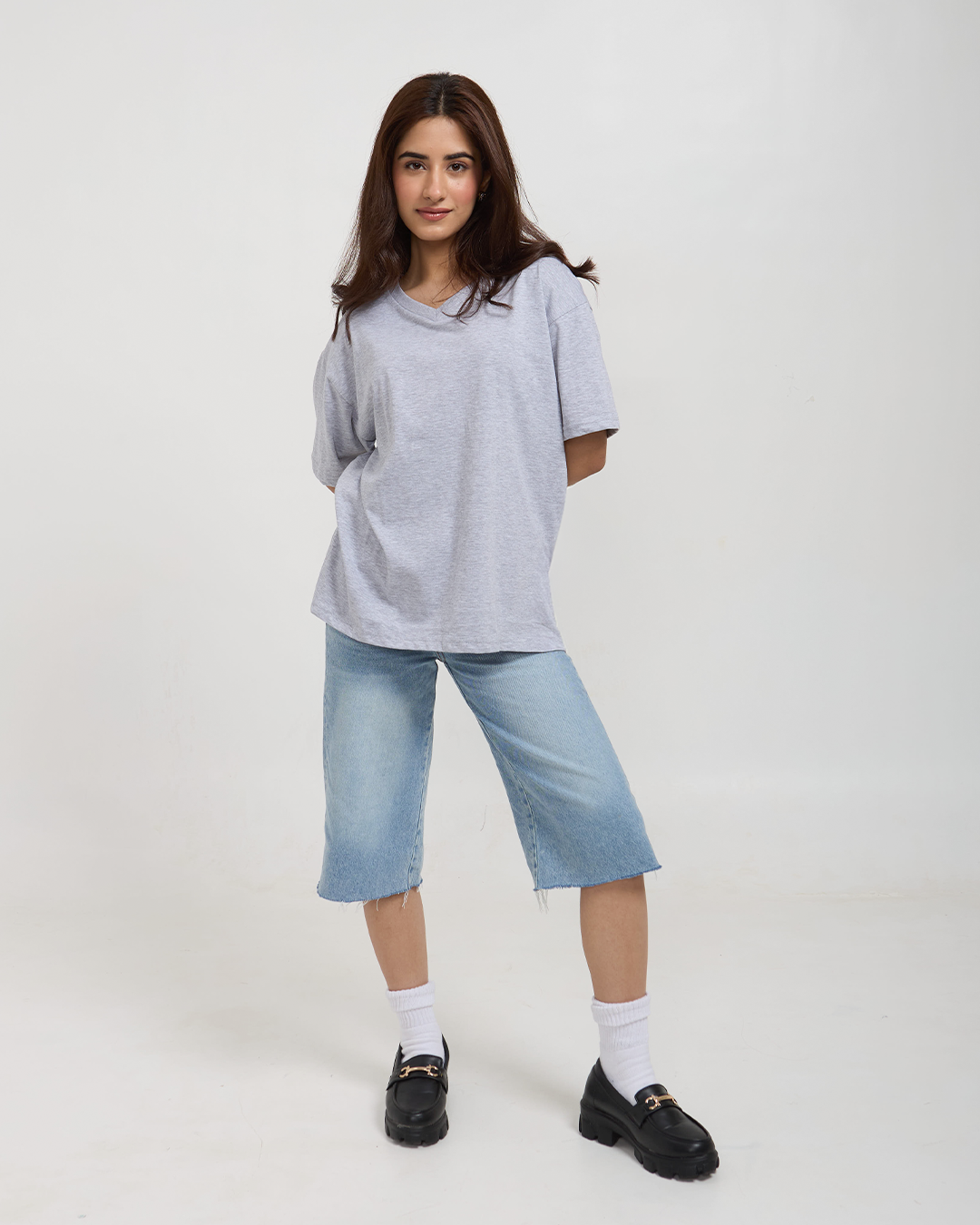 Grey Melange Plain V-Neck Oversized T-Shirt
