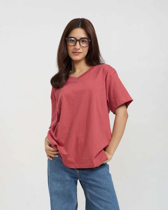 Brick Plain V-Neck Oversized T-Shirt