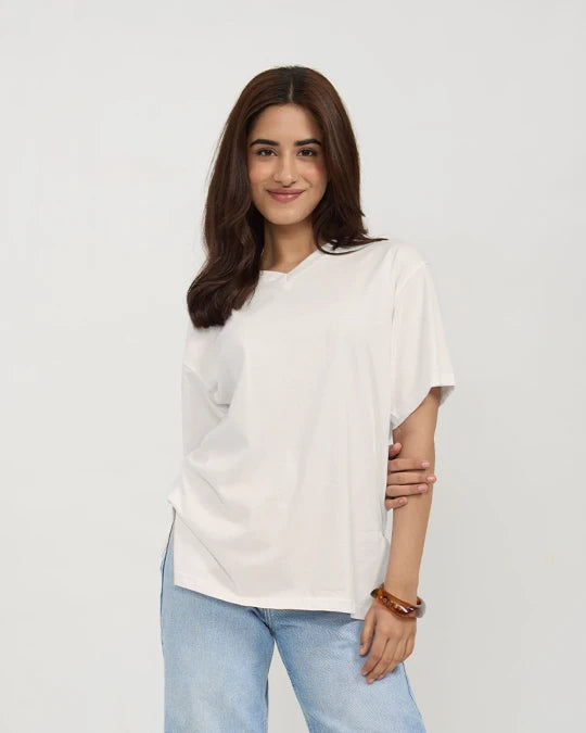 Off White Plain V-Neck Oversized T-Shirt