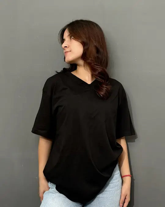 Black Plain V-Neck Oversize T-Shirt