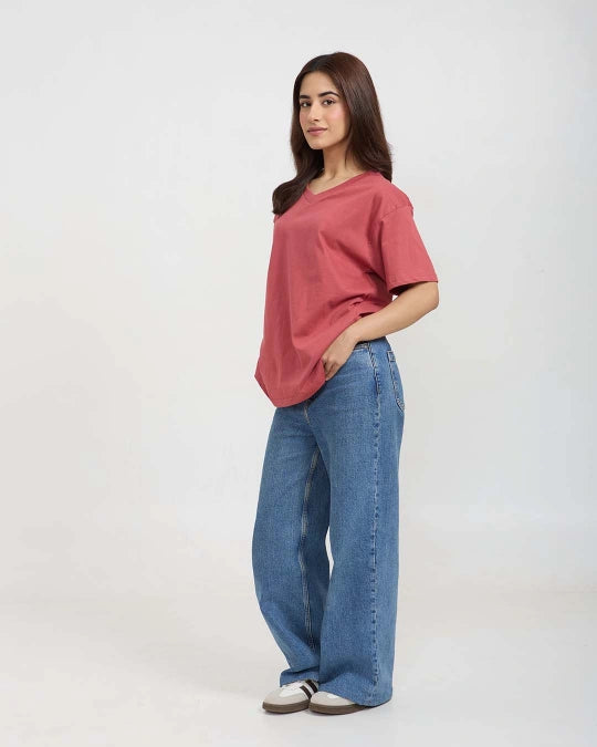 Brick Plain V-Neck Oversized T-Shirt