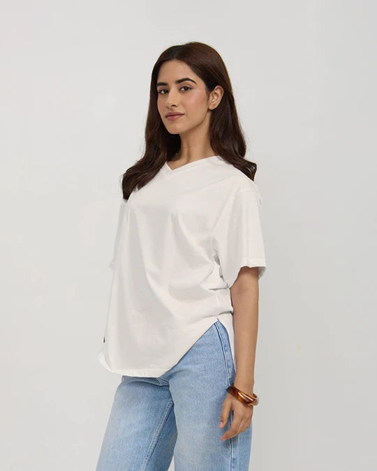 Off White Plain V-Neck Oversized T-Shirt