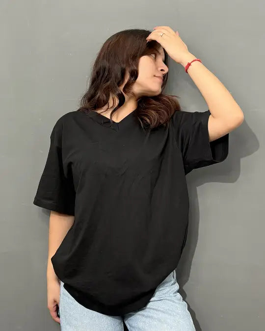 Black Plain V-Neck Oversize T-Shirt