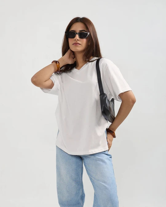 Off White Plain V-Neck Oversized T-Shirt