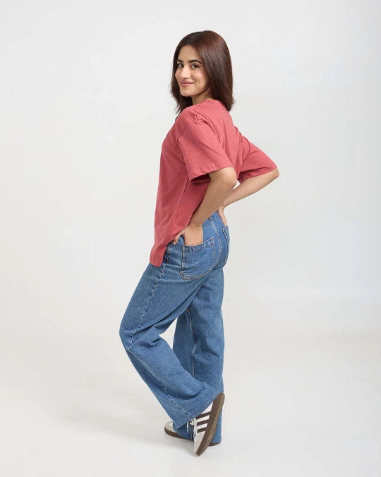 Brick Plain V-Neck Oversized T-Shirt