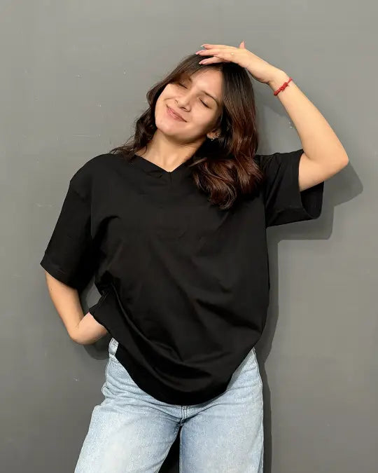 Black Plain V-Neck Oversize T-Shirt