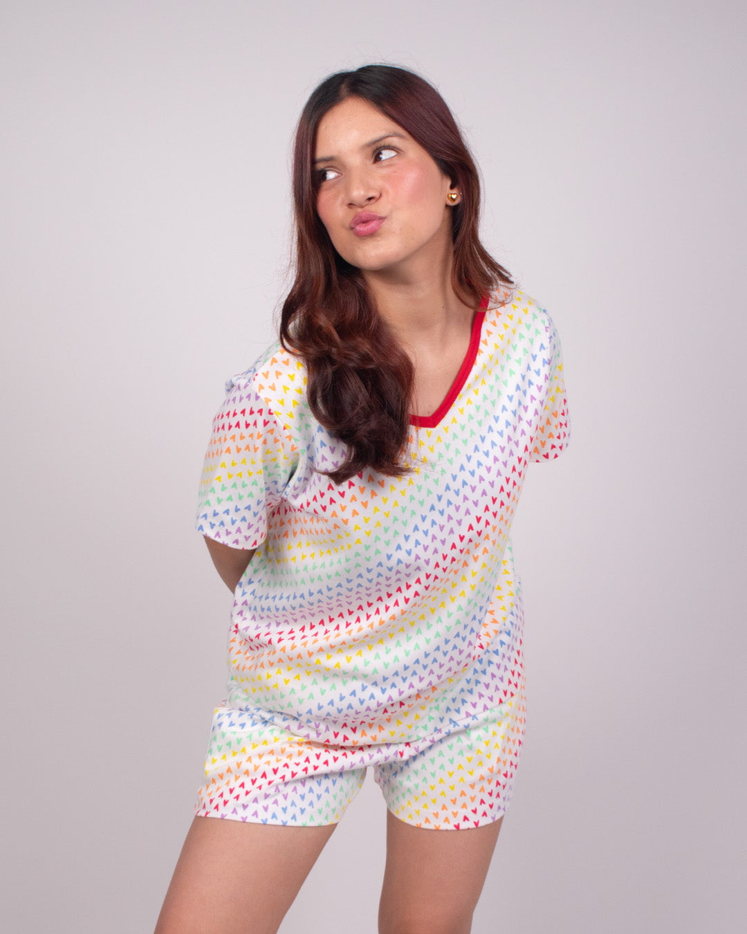 Rainbow Cotton Shorts Set – multicolor rainbow triangle print top and shorts, relaxed fit, worn by model