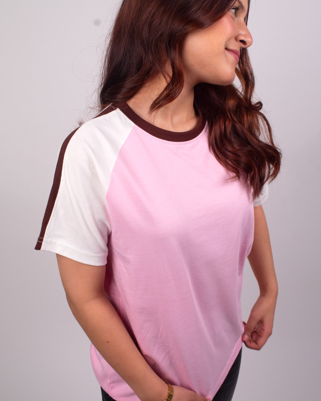 Pink Edgy Plain T-Shirt – pink body with white sleeves and brown trim, Regular Tee WS by DKY worn by model