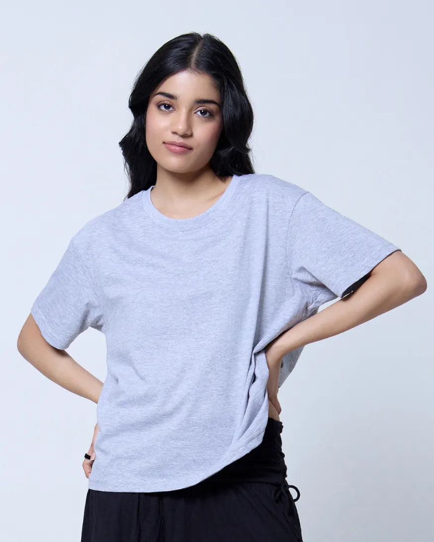 Grey Melange Plain Boxy Oversized T-Shirt