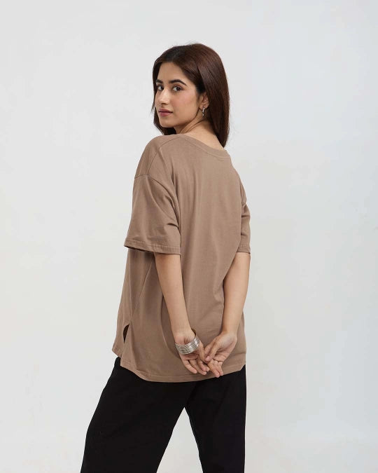 Camel Plain V-Neck Oversize T-Shirt