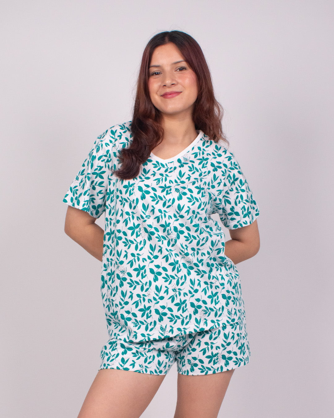 Forest Flow Cotton Shorts Set – teal leaf print, relaxed fit short-sleeve top with matching shorts, worn by model