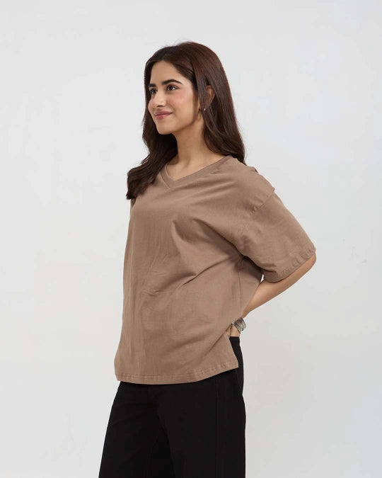 Camel Plain V-Neck Oversize T-Shirt
