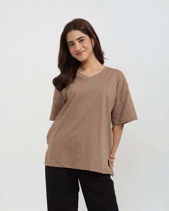 Camel Plain V-Neck Oversize T-Shirt