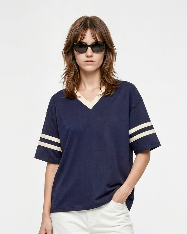 Navy Blue Courtside V-Neck Plain Oversize T-Shirt