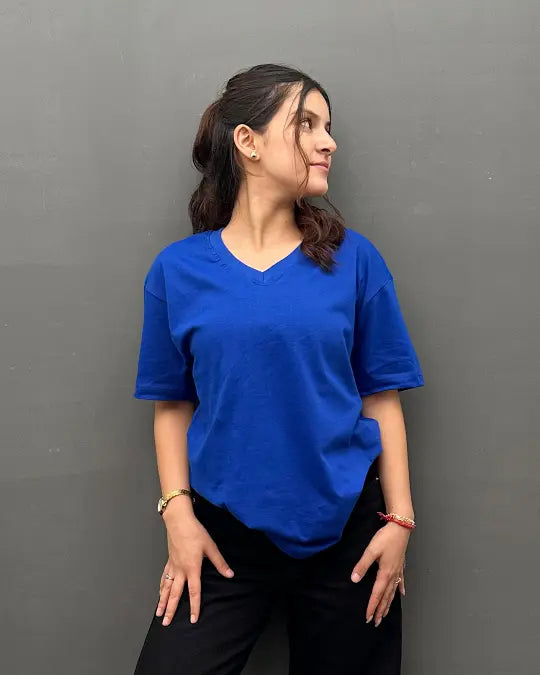 RB Royal Blue Plain V-Neck Oversize T-Shirt