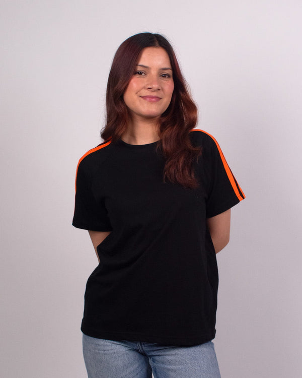 Black Curve Plain T-Shirt – regular tee with orange stripes on the sleeves, worn by model