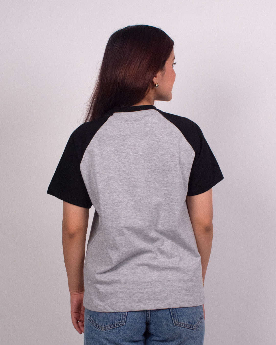 Grey Raglan Plain T-Shirt by DKY - grey body with black raglan sleeves worn by model